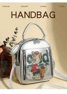 Silver metallic leather women backpack fashion rhinestone casual shoulder handbag daily use