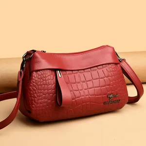 Red faux leather women shoulder bag crossbody stylish soft purse with chic crocodile pattern.
