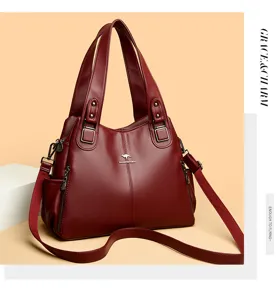 Wine red leather tote bag for women large capacity shoulder crossbody bag with top handles