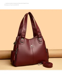 Stylish burgundy leather tote bag for women, large capacity shoulder handbag with strap.