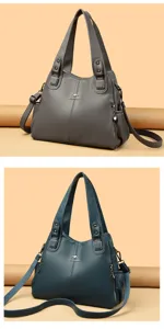 Women large capacity tote bag PU leather casual shoulder crossbody handbag with metal rivets.