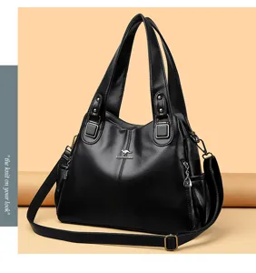Black leather tote bag for women, large capacity shoulder crossbody handbag with top handle.