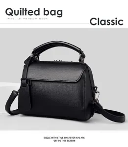 Classic black quilted leather handbag for women, elegant top handle shoulder crossbody bag.