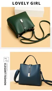 Detail shot of soft leather bucket bag featuring metallic lock closure and adjustable strap design.