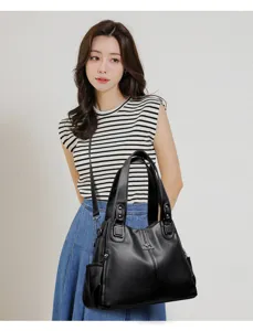 Women black leather tote bag large capacity shoulder messenger handbag casual daily