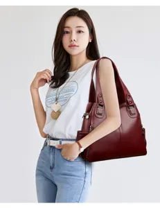 Fashion large capacity women shoulder tote bag vintage maroon PU leather handbag casual.