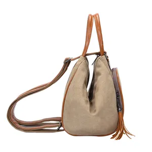 Women canvas backpack casual shoulder bag stylish travel daypack khaki side view