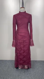 Burgundy lace long sleeve maxi evening dress, elegant high neck slim fit bodycon gown detail view.