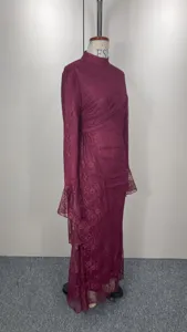 Elegant long sleeve lace bodycon maxi dress detail view, high neck burgundy evening gown.