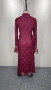 Elegant long sleeve lace bodycon evening dress detail showing back design in wine red color.