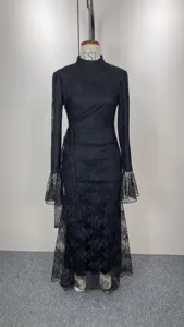 Black lace long sleeve bodycon evening dress elegant high neck vintage style maxi gown for women