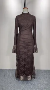 Brown lace long sleeve evening dress detail, elegant mock neck bodycon dress showcase.