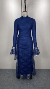 Dark blue lace long sleeve detail of elegant evening dress with high collar and flare cuff.