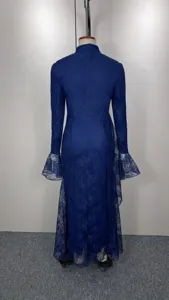 Elegant blue lace long sleeve evening dress with fitted silhouette and high collar.