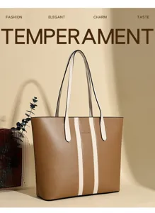 Women's retro tote bag autumn new fashion contrast stripe shoulder bag large capacity commuting bag.