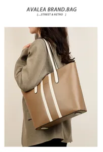 Women autumn retro PU leather tote bag large capacity commuter shoulder bag brown stylish