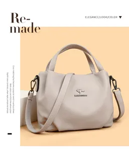 Soft leather solid color shoulder bag large capacity casual tote handbag for women