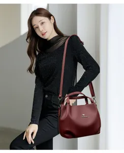 Stylish soft leather women handbag solid color crossbody tote large capacity commute bag gift