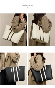Women fashion large capacity tote bag vintage PU leather commuter shoulder bag chic