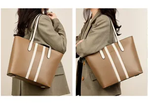 Detailed view of women large capacity commuting tote bag with dual white stripes brown leather