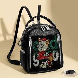 Women's Soft Leather Backpack Casual Travel School Bag Multi-functional Daypack Rhinestone Fashion Handbag