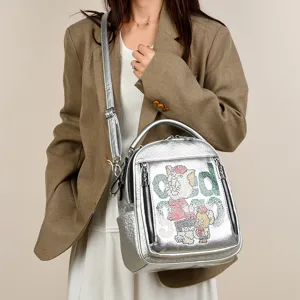 Women soft leather rhinestone backpack stylish metallic silver casual daypack travel bag
