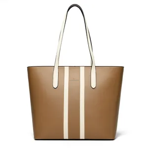 Women brown PU leather tote bag with white vertical stripes and shoulder straps main view.