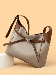 Large Capacity Tote Bag Women Fashion Commuting Shoulder Bag PU Leather Color Block Chic Handbag Casual Purse