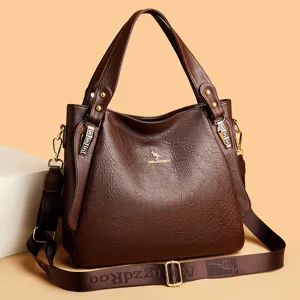 Large capacity brown leather shoulder bag, stylish casual slouchy handbag with crossbody strap.