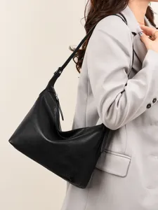 Classic black leather hobo shoulder bag for women, stylish vintage commuting bag main