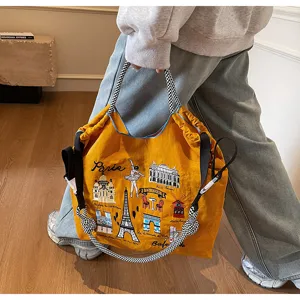 Stylish embroidered nylon tote bag for women, large capacity shoulder and crossbody bag.