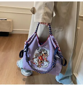 Canvas tote bag large capacity shoulder bag embroidered tiger design casual shopper bag