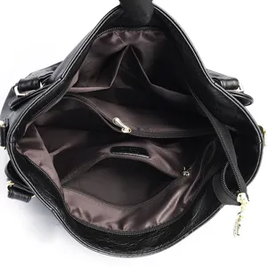 Black large capacity tote bag with soft leather texture, multi-compartment shoulder handbag.