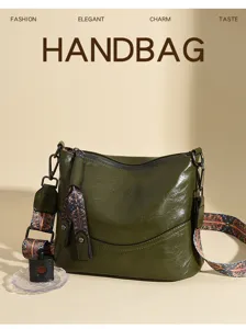 Vintage women bucket handbag, premium wax leather shoulder crossbody bag with wide strap.
