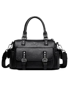 Black retro PU leather women handbag featuring metal studs and top handle, front view.