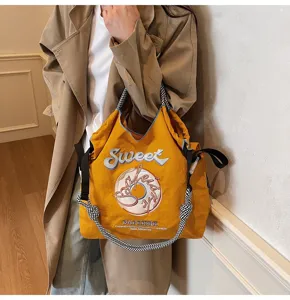 Japanese style embroidered nylon tote bag, casual lightweight shoulder bag for women daily use.