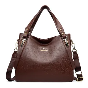 Brown leather tote bag large capacity shoulder bag casual stylish handbag for women daily use