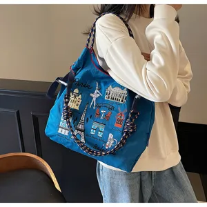 Paris embroidered canvas shoulder bag large capacity tote casual style blue crossbody bag
