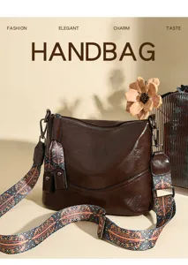 Vintage brown leather bucket bag for women with wide strap stylish commuter crossbody handbag