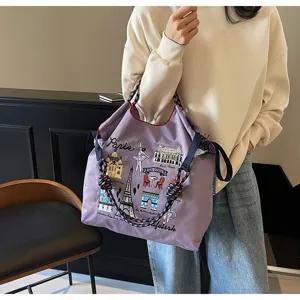 Stylish women large capacity embroidered tote bag casual nylon shoulder crossbody handbag.