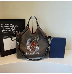 Large capacity canvas embroidered tote bag stylish casual shoulder bag for women daily commuting