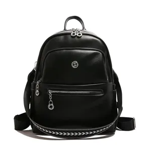 Women's Large Capacity Black Leather Backpack Casual Travel Commuting School Rucksack