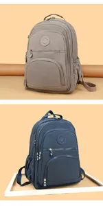 Casual multi-pocket nylon backpack detail showing dual color options and compartments.