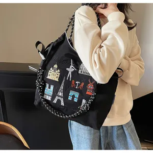 Stylish nylon embroidered tote bag with Paris landmarks design, large capacity casual shoulder bag.