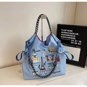 Large capacity nylon shoulder bag with cute Paris embroidery and sturdy rope handles for women.