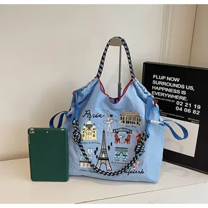 Casual embroidered tote bag for women, large capacity nylon shoulder bag with Paris design.