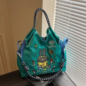 Large Capacity Canvas Tote Bag For Women Cute Cartoon Rabbit Embroidery Casual Handbag Trendy Shoulder Bag