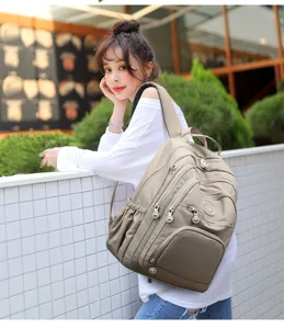 Detailed showcase of multi-pocket nylon casual backpack in outdoor street style wearing.