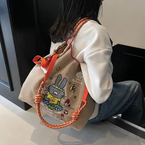 Large capacity cute cartoon rabbit embroidered canvas backpack casual tote bag for women