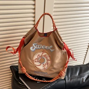 Japanese Embroidery Nylon Women Large Tote Bag Casual Shoulder Shopping Bag